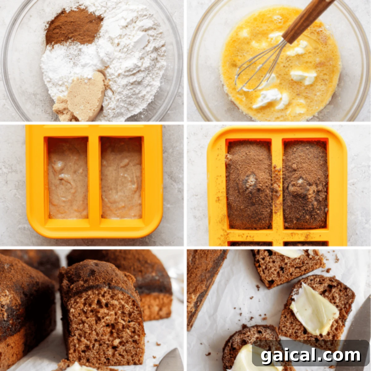 A collage showing the steps for baking banana bread. Images include flour mixture, wet ingredients being whisked, batter in molds, baked bread, sliced bread, and buttered bread slices.