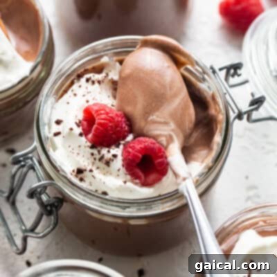 Chocolate mousse in jars with whipped cream and raspberries.