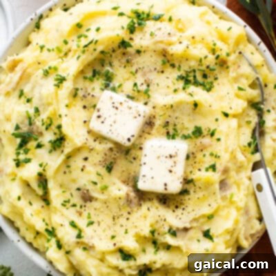 A bowl of mashed potatoes with cheese and herbs.