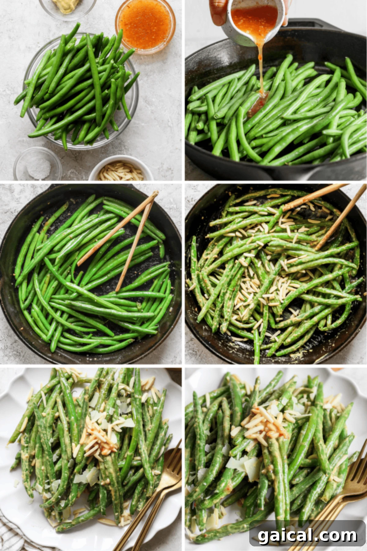 A visual step-by-step guide illustrating the preparation of Green Bean Sauté: from fresh beans being seasoned and dressed in a pan, to being tossed with sauce, garnished with almonds, and finally presenting the finished dish beautifully on a plate, ready to serve.
