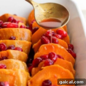 A spoon drizzles liquid over sliced sweet potatoes topped with cranberries in a rectangular white baking dish.