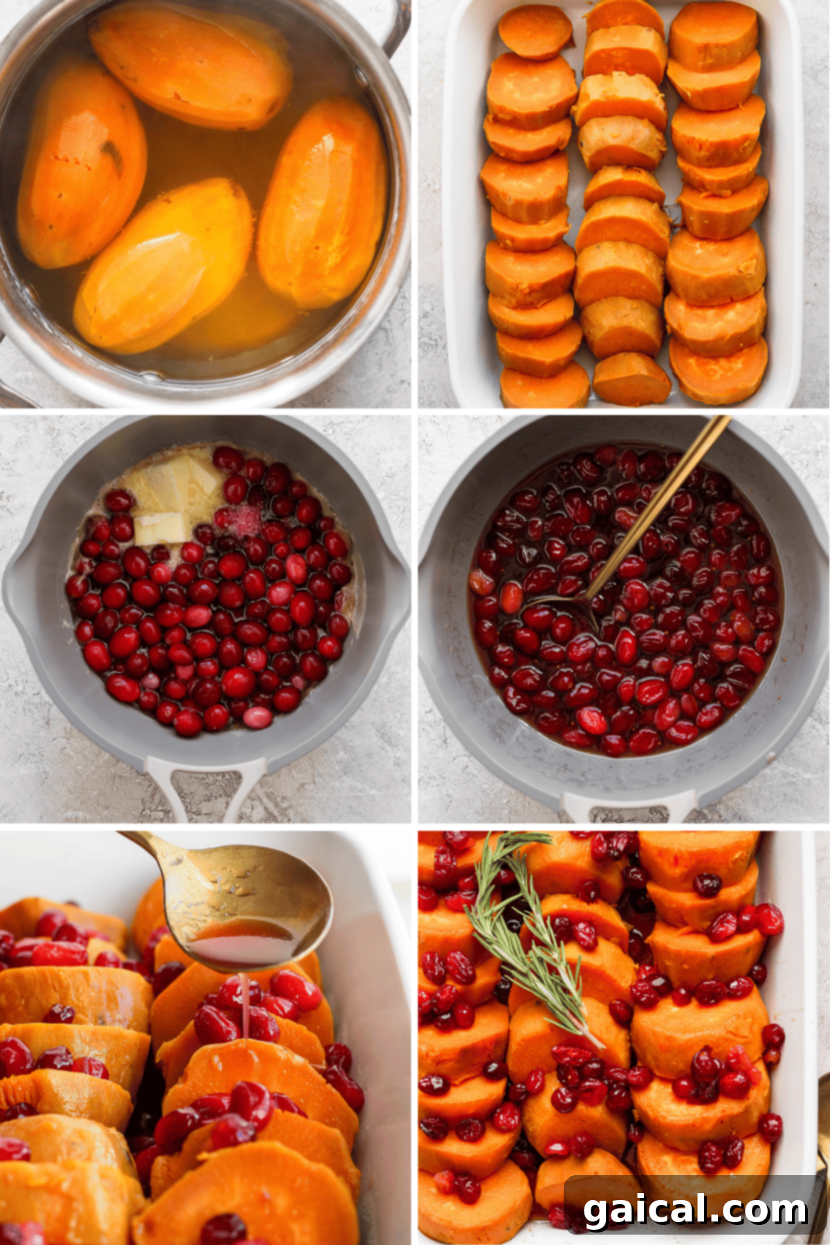 Golden Harvest Maple Cranberry Sweet Potatoes 4 Boiling sweet potatoes, sliced in a dish, mixing cranberries in sauce, spooning sauce over potatoes, and garnished with rosemary.