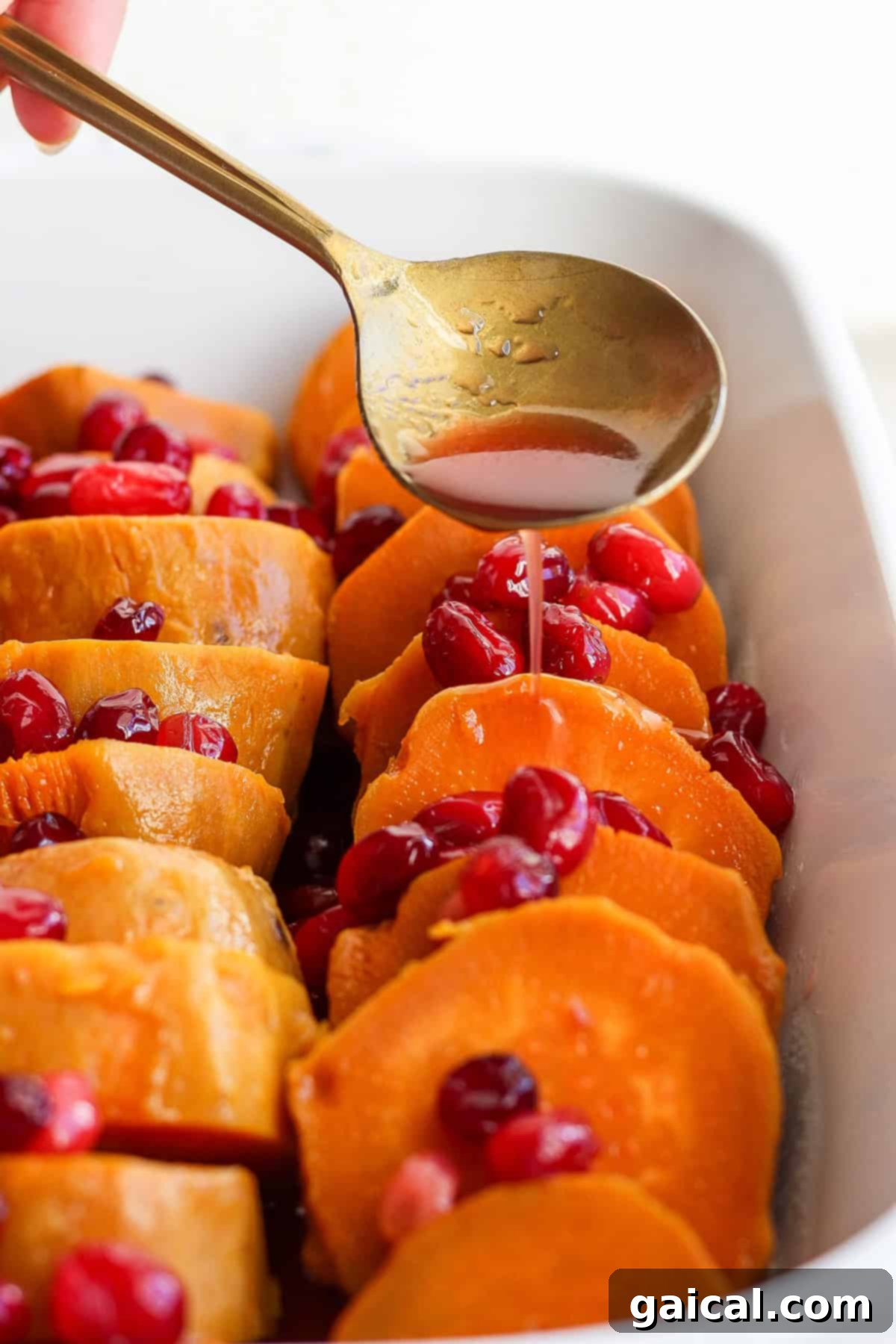 Golden Harvest Maple Cranberry Sweet Potatoes 6 A spoon drizzles liquid over sliced sweet potatoes topped with cranberries in a rectangular white baking dish.