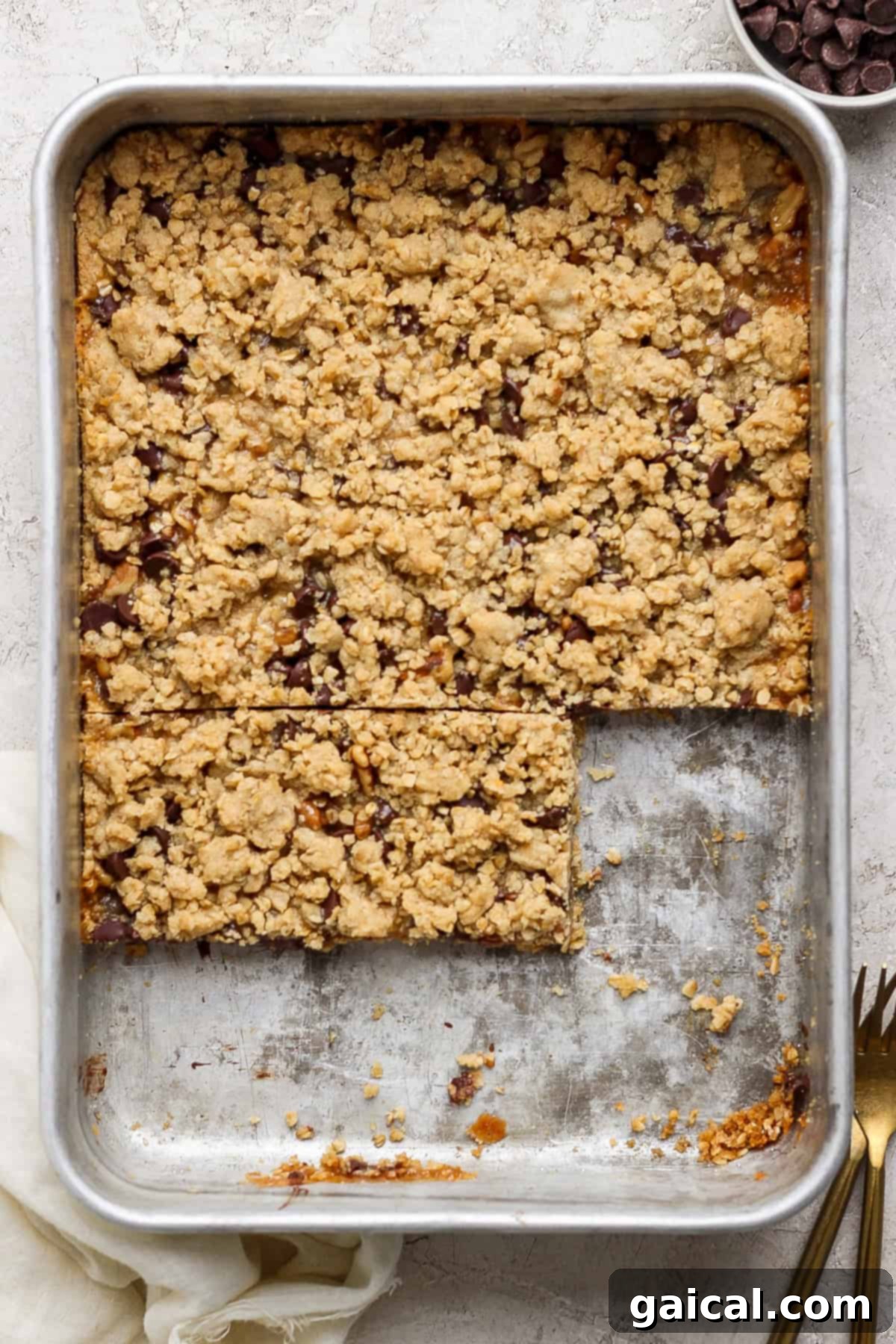 Nana Mabels Carmelita Bars 5 A sturdy metal baking pan, partially filled with crumbly dessert bars. Two bars have been meticulously cut and removed, showcasing their enticing layered filling of oats, chocolate, and caramel, while the remaining dessert awaits its turn. A small fork and a pristine white napkin are delicately placed nearby.