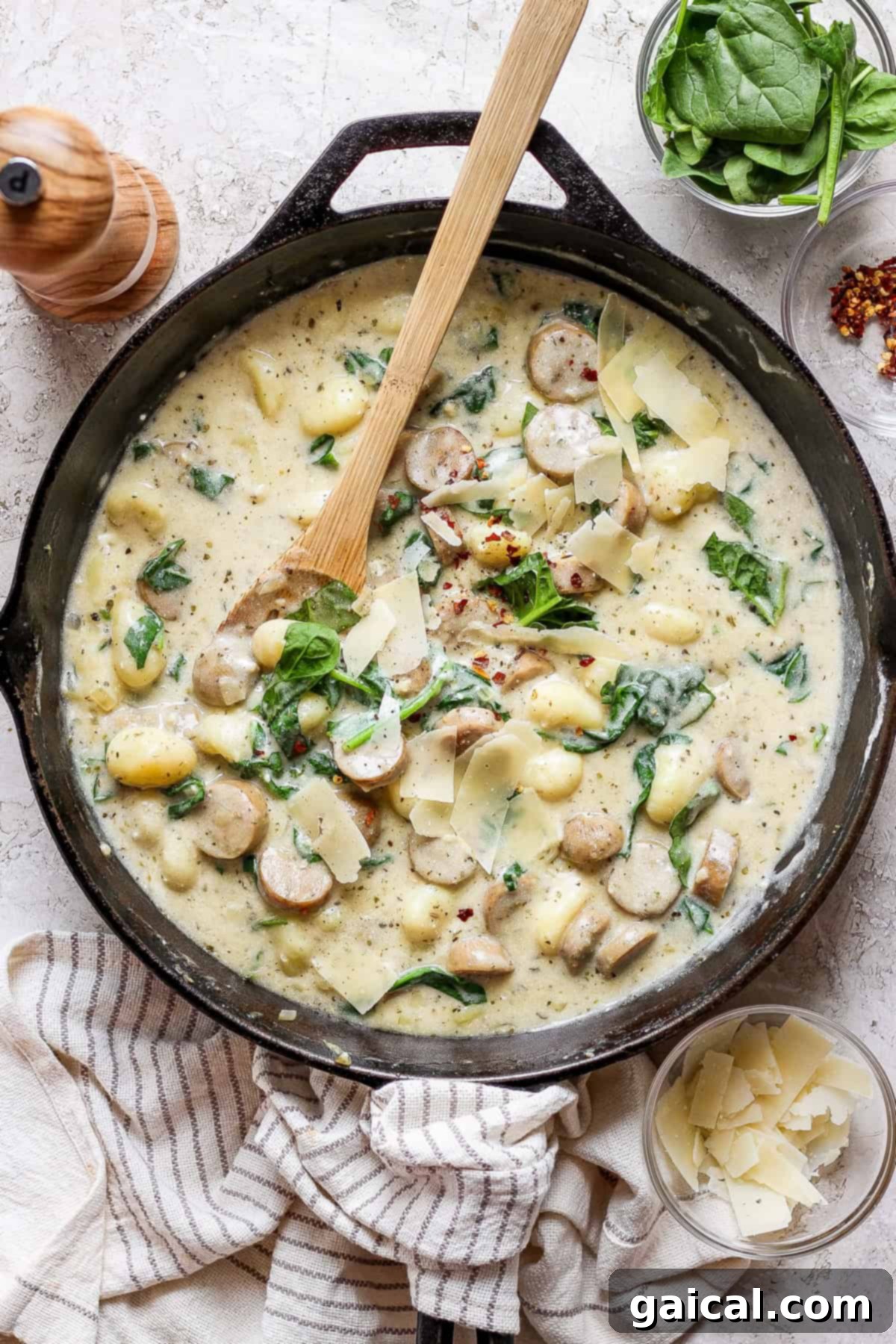 A skillet containing creamy gnocchi with sausage, spinach, and shaved cheese, with a wooden spoon and additional ingredients like spinach and cheese flakes in bowls nearby.