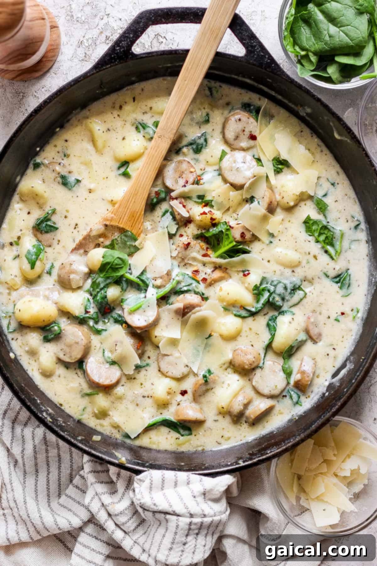 A skillet filled with creamy sauce, sliced sausage, gnocchi, spinach, and shaved cheese, with a wooden spoon resting inside. Some ingredients and a striped cloth are nearby.