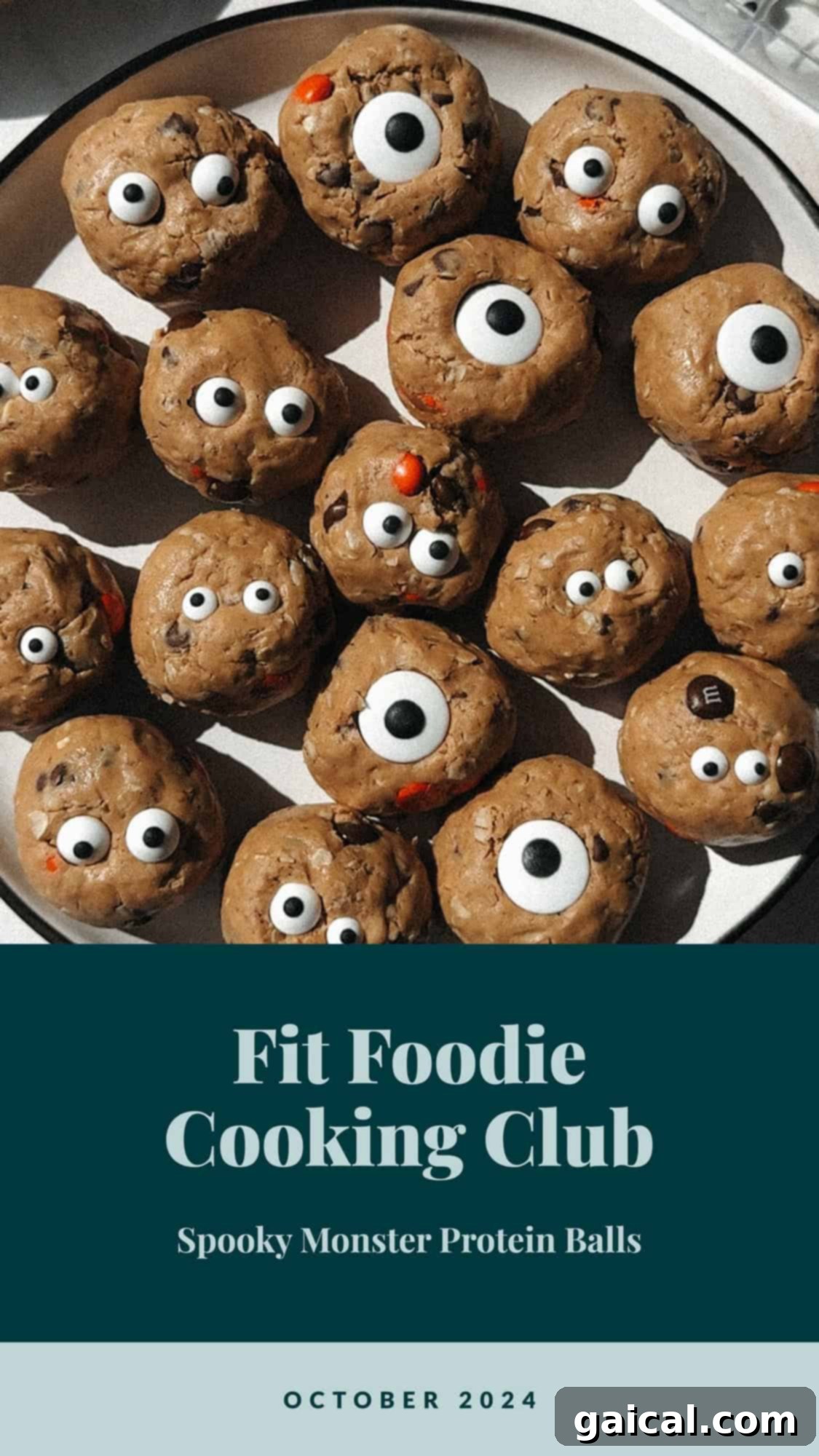A plate of spooky monster protein balls with googly eyes is shown. The bottom text reads: "Fit Foodie Cooking Club - Spooky Monster Protein Balls - October 2024.