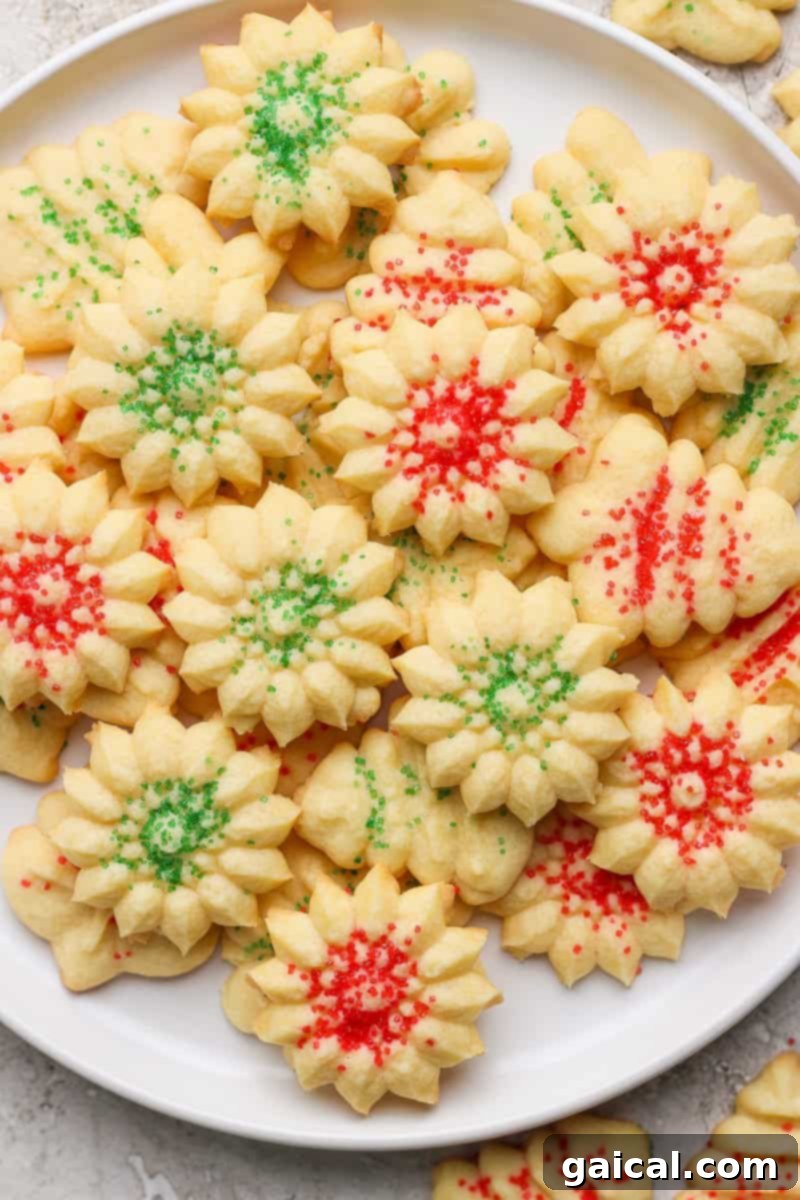 Mabel's Signature Spritz Cookies 8 A beautiful arrangement of flower-shaped shortbread cookies, artfully decorated with vibrant green and red sprinkles, presented on a pristine white plate.