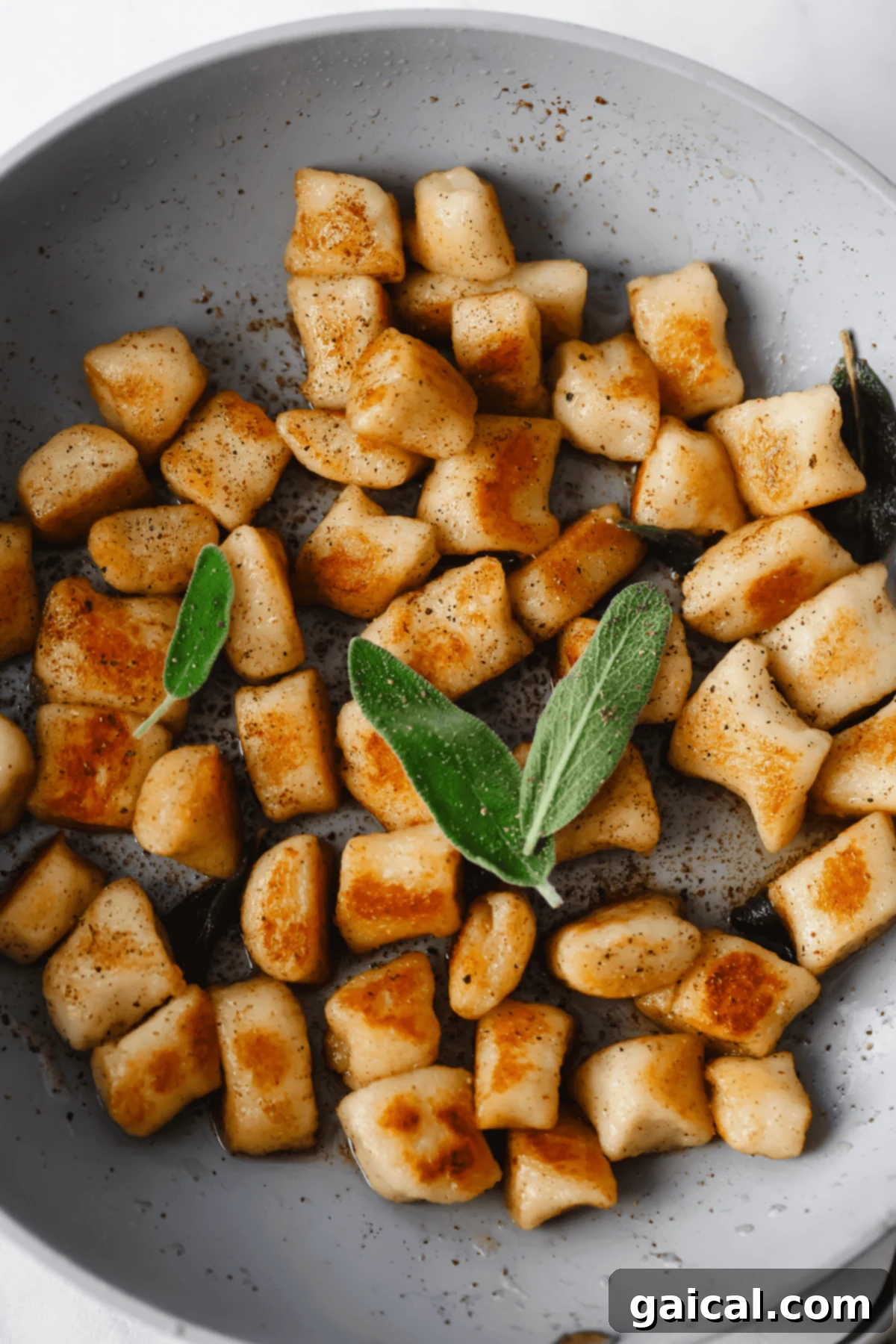 Pillowy Cottage Cheese Gnocchi 6 Pan-fried cottage cheese gnocchi with crispy edges, garnished with fresh sage leaves in a gray bowl.