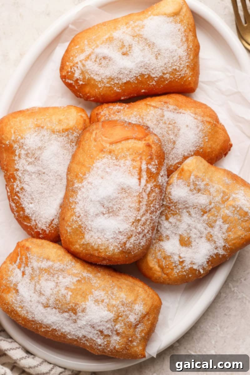 Nonna Marie's Crispy Fried Pizza 2 A plate of six sugar-dusted beignets on a white dish, showcasing their golden brown perfection.