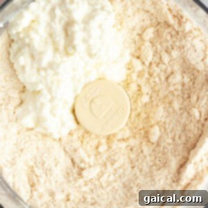 Fueling Frosted Pastries 9 A food processor bowl filled with flour and cottage cheese.
