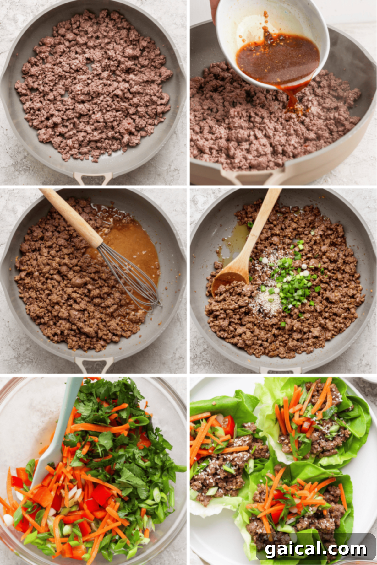 A visual guide showing the step-by-step process of preparing Korean Beef Lettuce Wraps: cooking ground beef, adding flavorful sauce, mixing in spices and green onions, preparing a fresh vegetable mix, and finally assembling the delicious lettuce wraps with colorful vegetables.