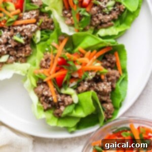 Lettuce wraps on a plate, filled with seasoned ground beef, sliced carrots, green onions, and sesame seeds, with a side bowl of carrots and red peppers.