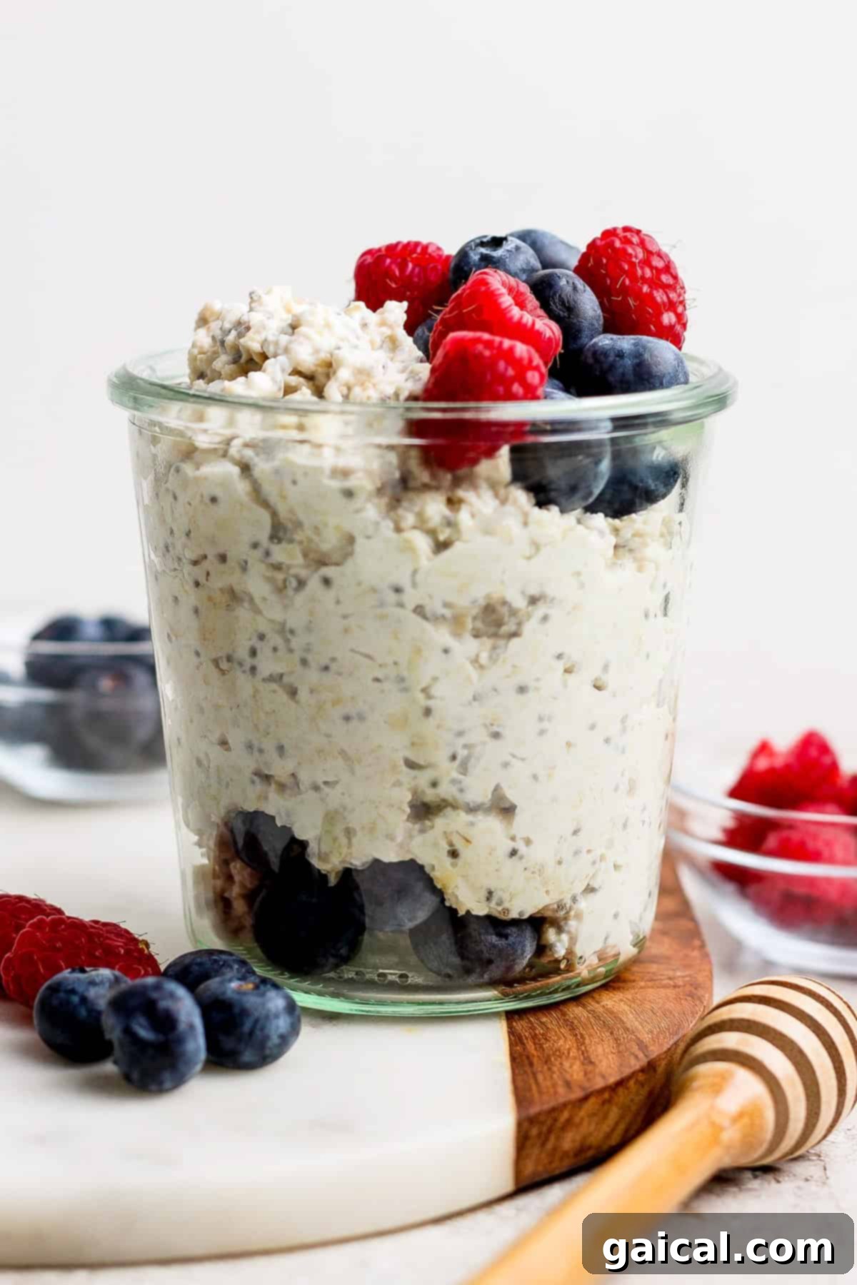 Close-up of creamy blended cottage cheese, ready to be mixed into overnight oats ingredients.