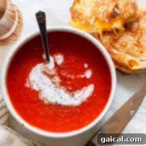 A bowl of rich tomato soup swirled with cream and pepper sits beside a perfect pairing: a crispy grilled cheese sandwich. A knife rests nearby on the table, alongside a neatly folded napkin, completing the classic duo's delicious presentation.
