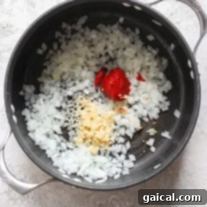 Chopped onions, minced garlic, and dollops of tomato paste in a black pot on a light textured surface evoke the comforting aroma of grilled cheese and tomato soup.