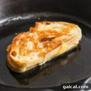 A grilled cheese sandwich sizzles in a black skillet, boasting a visible golden crust and slightly melted cheese, perfectly paired with a comforting bowl of tomato soup.