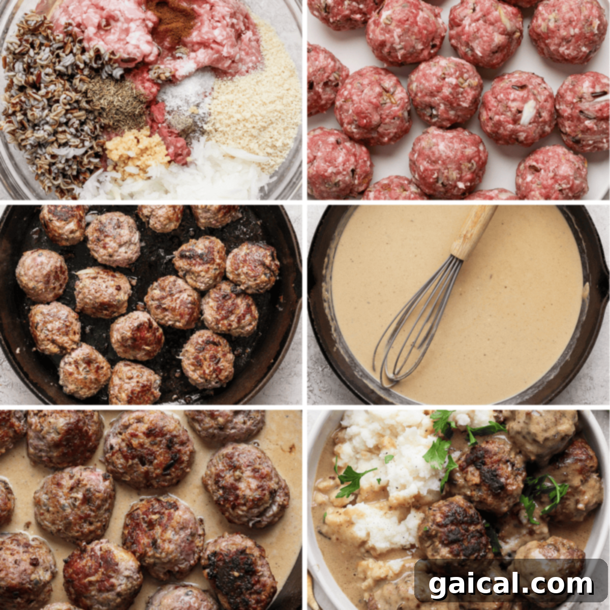 North Star State Swedish Meatballs 3 A six-panel collage illustrating the step-by-step process of making Swedish meatballs: mixing ingredients, forming meatballs, browning them, preparing the creamy sauce, simmering meatballs in the sauce, and serving with mashed potatoes.