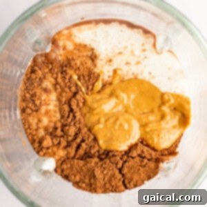 Top view of a blender jar containing cocoa powder, peanut butter, and milk, ready to be blended.