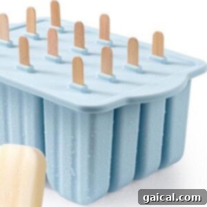 Guilt-Free Protein Fudge Pops 3 Blue popsicle mold with twelve wooden sticks inserted, shown alongside a single cream-colored protein fudgesicle in the foreground.