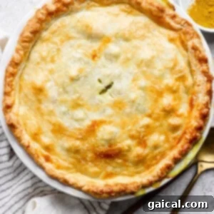 Golden brown pie with a flaky crust in a white dish, on a striped towel, with a spoon, fork, and a small bowl of spices nearby.