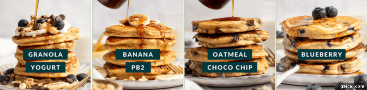 Power-Packed Pancakes 4 A visually appealing collage displaying four distinct stacks of protein pancakes, each artfully arranged with unique toppings and clearly labeled. From left to right: 'Granola Yogurt', 'Banana PB2', 'Oatmeal Choco Chip', and 'Blueberry'. A hand pours syrup over each stack, highlighting their appetizing appeal.