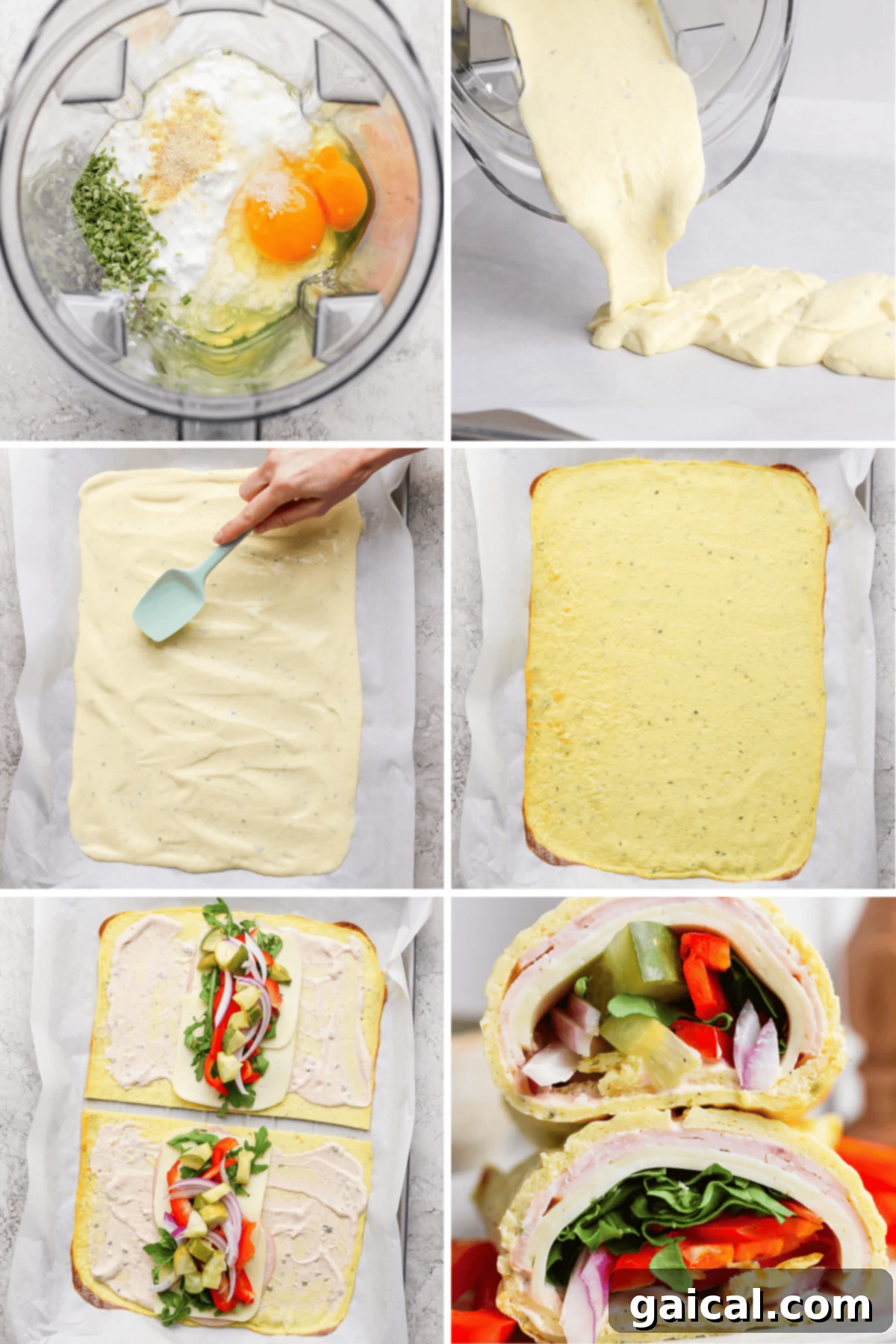 Protein-Packed Cottage Cheese Wraps 3 Steps of making a sandwich wrap: blend batter ingredients; spread on a baking sheet; bake to create a flatbread; add fillings; roll up the wrap; wrap cut in half showing layers.