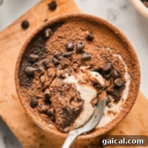A bowl of Tiramisu Blended Oats, partially eaten, topped with a generous amount of cocoa powder and mini chocolate chips, with a spoon resting inside.