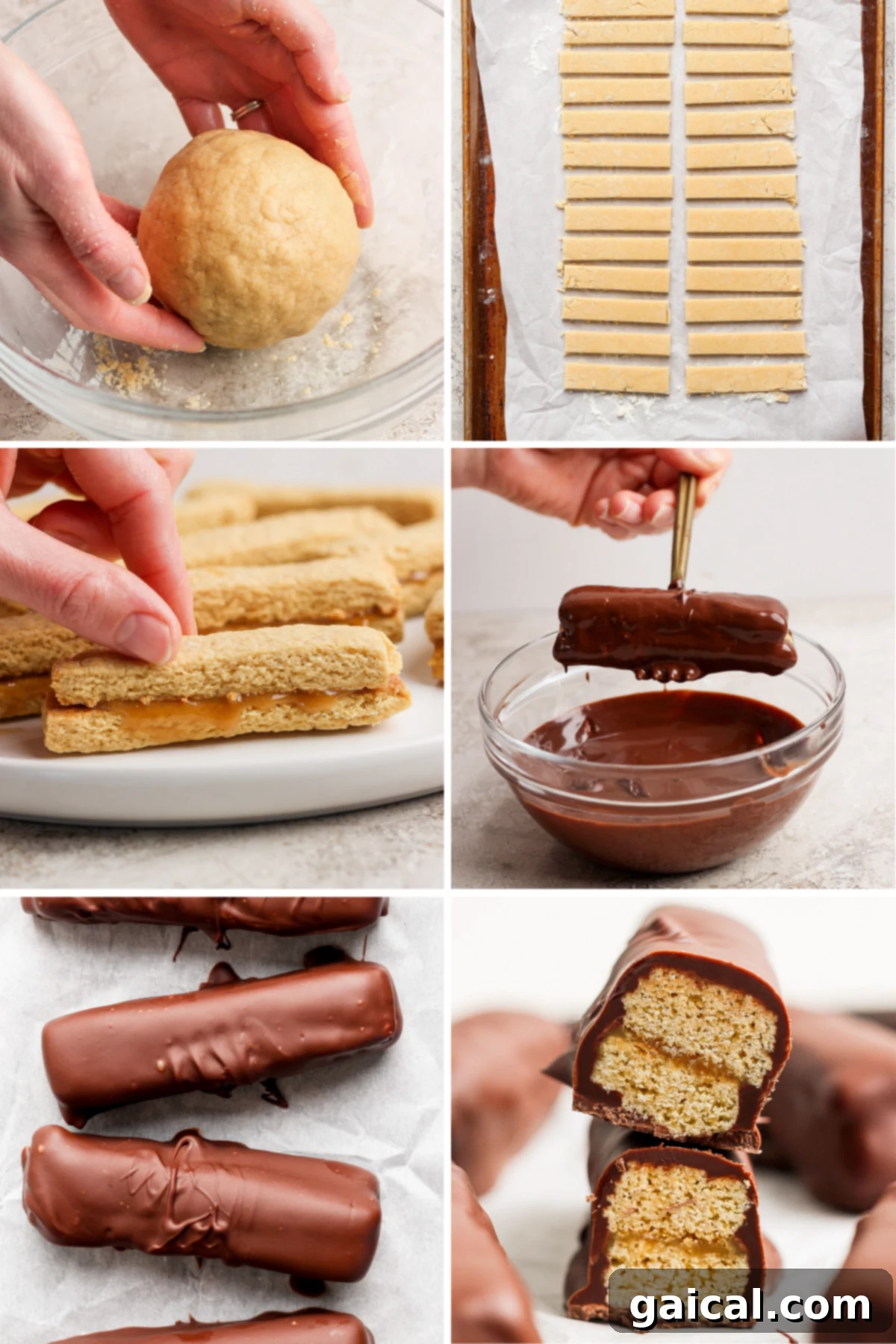 Protein-Packed Peanut Butter Twix Bars 3 A step-by-step process of making chocolate-covered cookie bars, from dough preparation to the final dipped cookies, sliced to reveal a biscuit interior.