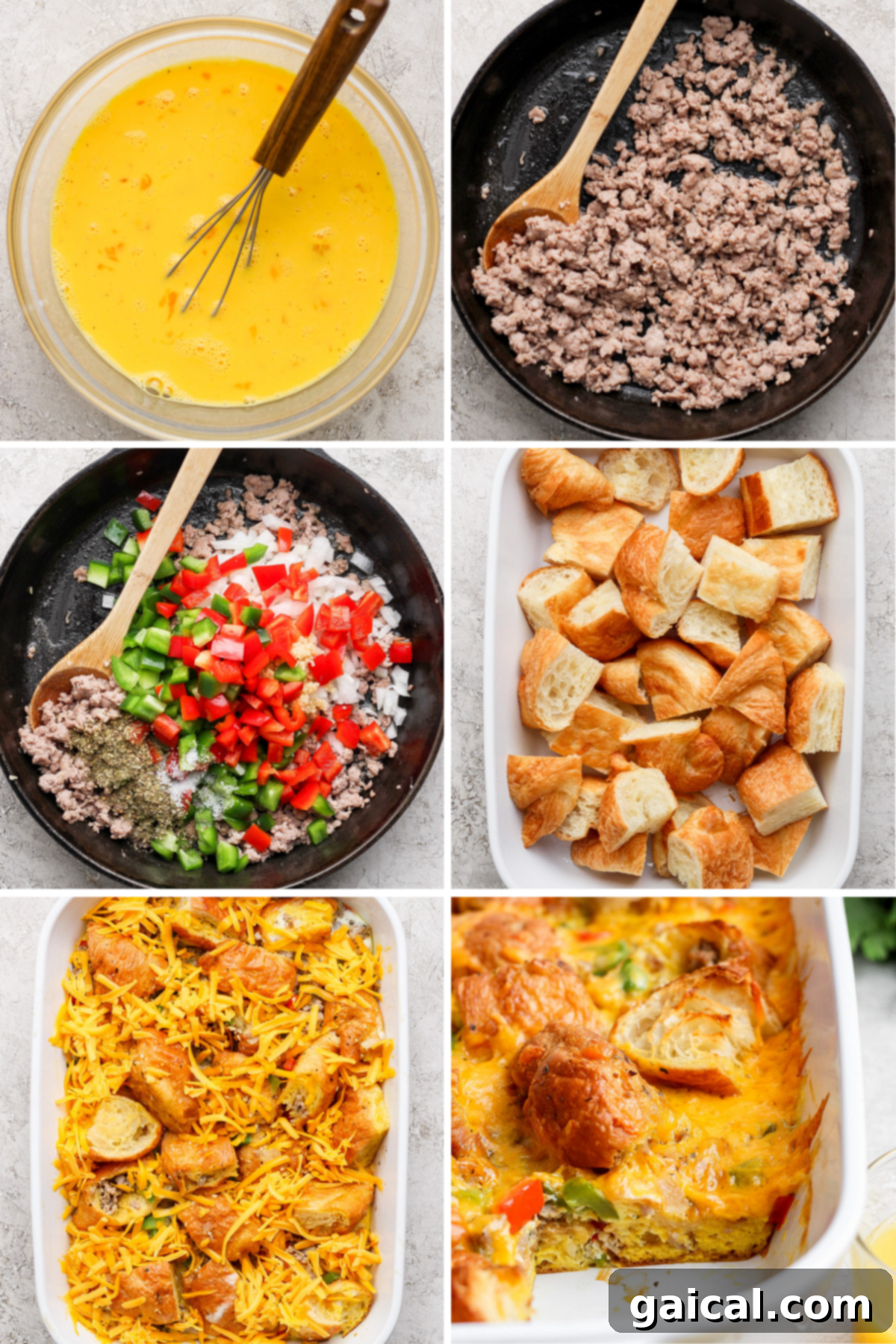 Buttery Croissant Egg Bake 3 Step-by-step photographic assembly of an egg, sausage, and vegetable casserole with bread cubes and melted cheese, showing the dish before and after baking for clarity.