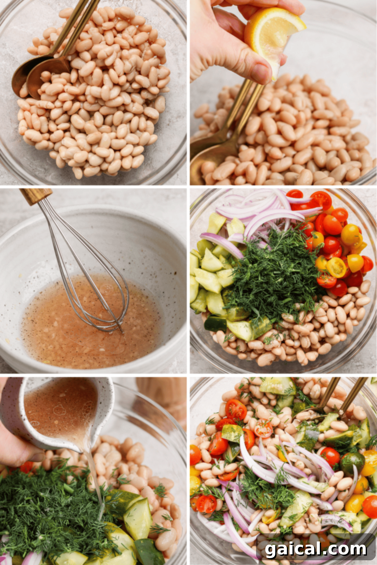 Zesty Dill Pickle White Bean Salad 3 Six-panel image: beans in a bowl; lemon squeezed over beans; dressing being whisked; salad ingredients added; dressing poured onto salad; mixed salad with beans, tomatoes, cucumber, onions, and dill.
