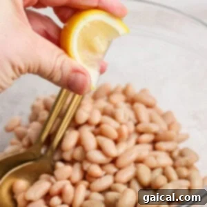 Zesty Dill Pickle White Bean Salad 7 A hand squeezing a lemon wedge over a bowl of white beans, with a gold spoon resting inside the bowl.
