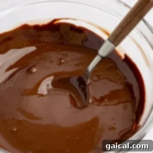 A clear glass bowl filled with smooth, melted chocolate, with a silver spoon resting inside, showcasing the prepared chocolate topping.