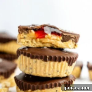 Three peanut butter and chocolate cups stacked, with a bite taken from the top one, revealing a red filling. Peanuts scattered around.