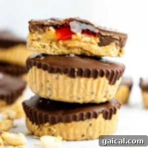 A stack of three chocolate peanut butter cups, with the top one bitten to reveal a peanut butter and jelly filling.