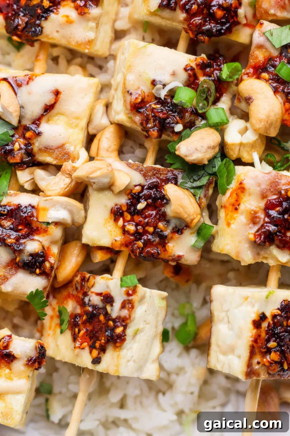Grilled tofu skewers topped with chili sauce, garnished with green onions and cashews, served on a bed of rice.