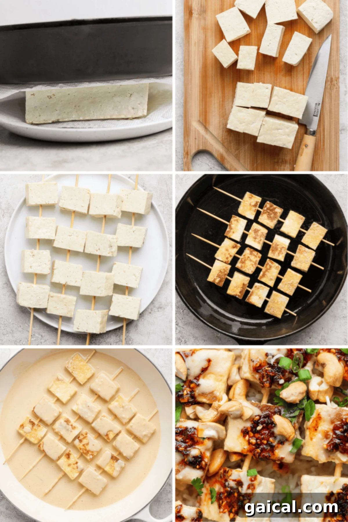 Tofu being pressed, sliced, skewered, cooked in a pan, and served with sauce and vegetables.