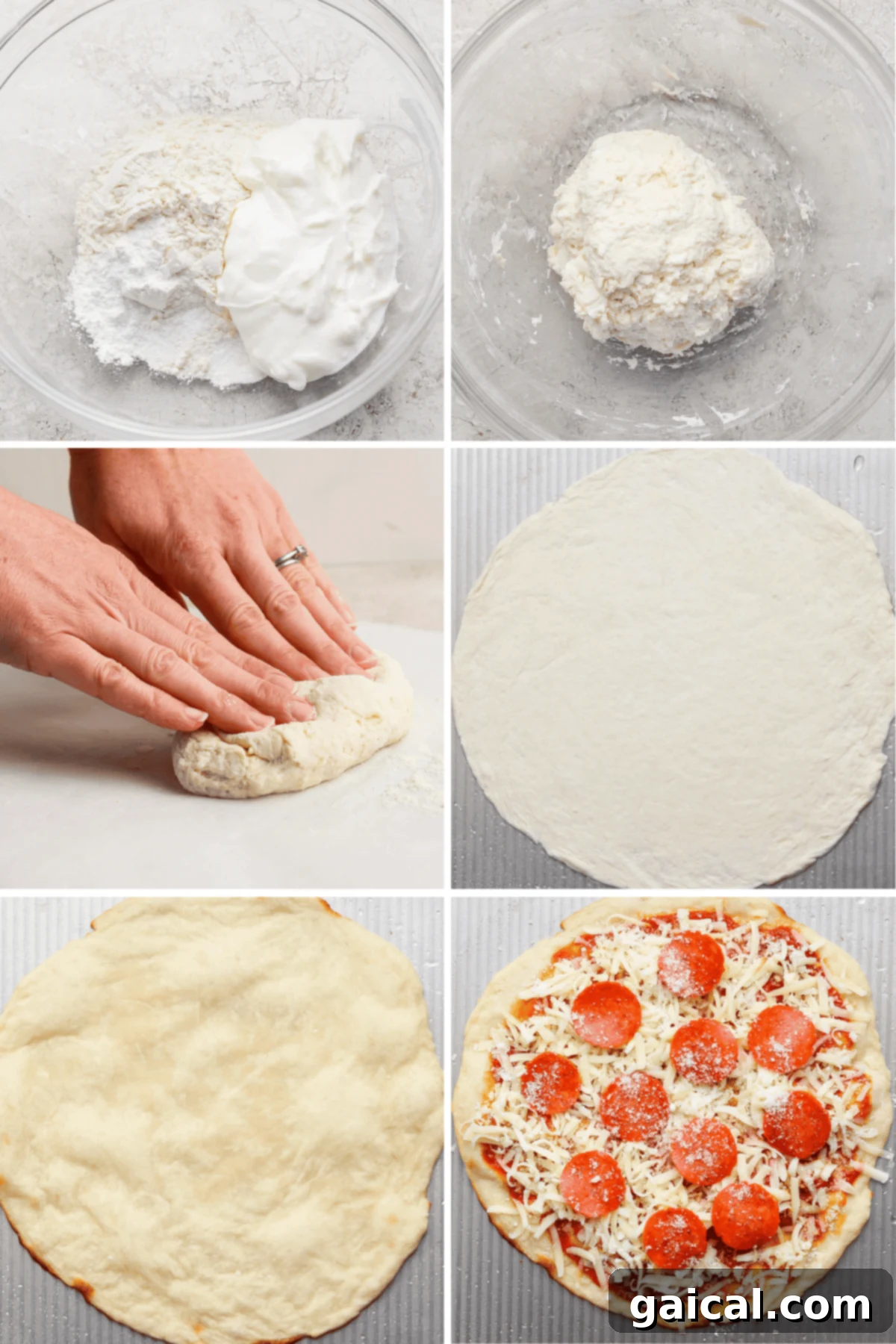 Rapid Four Ingredient Protein Pizza Crust 3 A sequence showing pizza dough preparation: ingredients in a bowl, mixed dough, kneading, rolled-out dough, baked crust, and finished pizza with pepperoni and cheese.