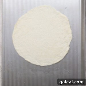 A round, uncooked pizza dough is placed on a textured metal baking sheet.