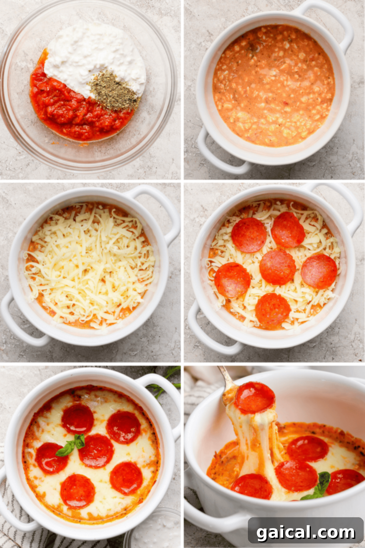 Personal Cottage Cheese Pizza Bowl 3 Step-by-step photos of making a pepperoni pizza dip with cheese, sauce, and pepperoni, baked in a round white dish.