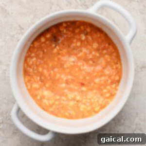 Personal Cottage Cheese Pizza Bowl 4 A white ceramic bowl filled with creamy tomato soup, placed on a textured light gray surface.