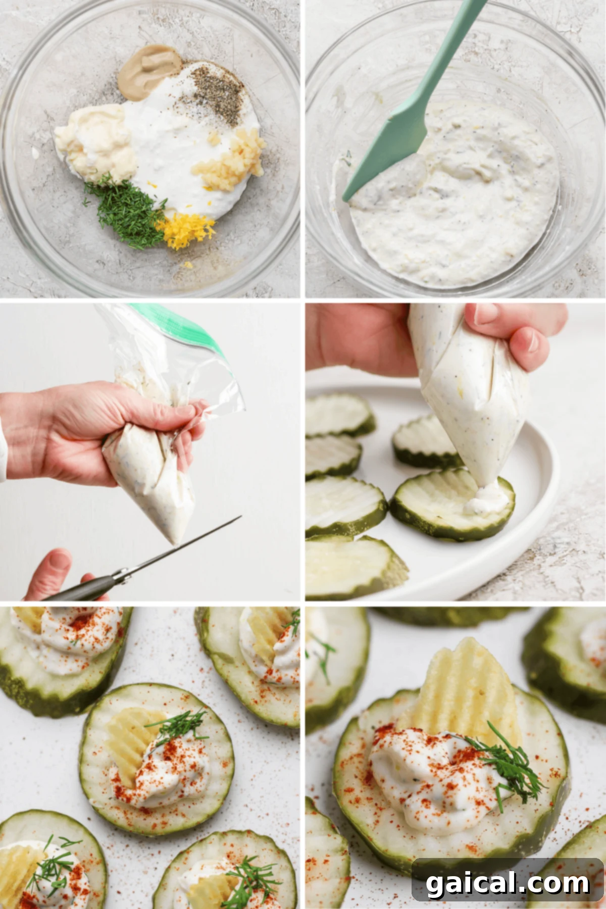 Step-by-step images: Ingredients in a bowl; creamy mixture in process; filling a piping bag; piping onto pickle slices; garnished slices on a plate.