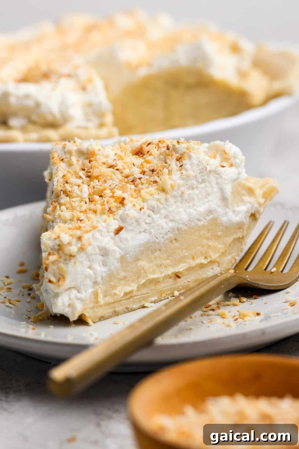 Luscious Coconut Cream Pie 2 A perfectly sliced coconut cream pie topped generously with whipped cream and golden toasted coconut flakes, presented on an elegant white plate with a gold fork, inviting a delicious first bite.