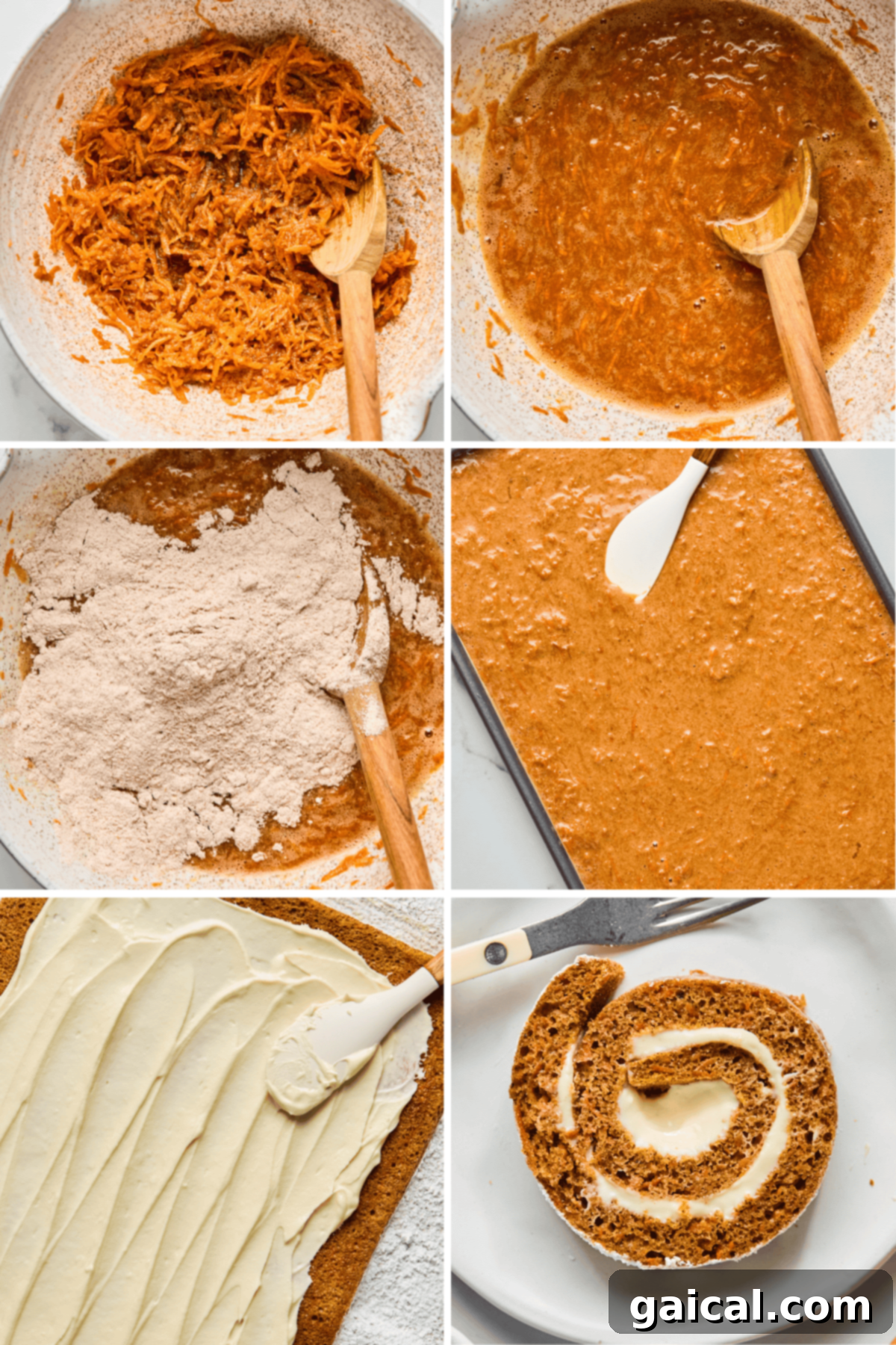 Protein-Packed Carrot Cake Roll 3 A visual guide showing the preparation steps for Protein Carrot Cake Roll: mixing shredded carrots, combining batter with a spoon, adding flour, spreading batter evenly in the pan, applying the cream cheese frosting, and finally, a perfectly sliced rolled cake on a plate.