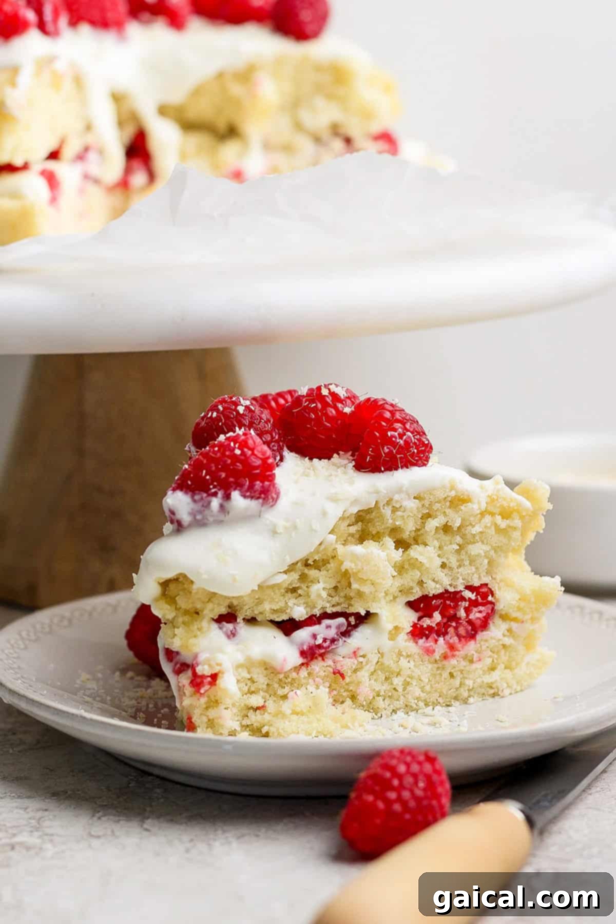 Layered Coconut Bliss with Fresh Raspberries 3 A perfectly sliced piece of vanilla cake, revealing layers of white frosting and fresh raspberries, displayed on a clean plate with a wooden-handled knife resting beside it. The detail highlights the delicious filling.