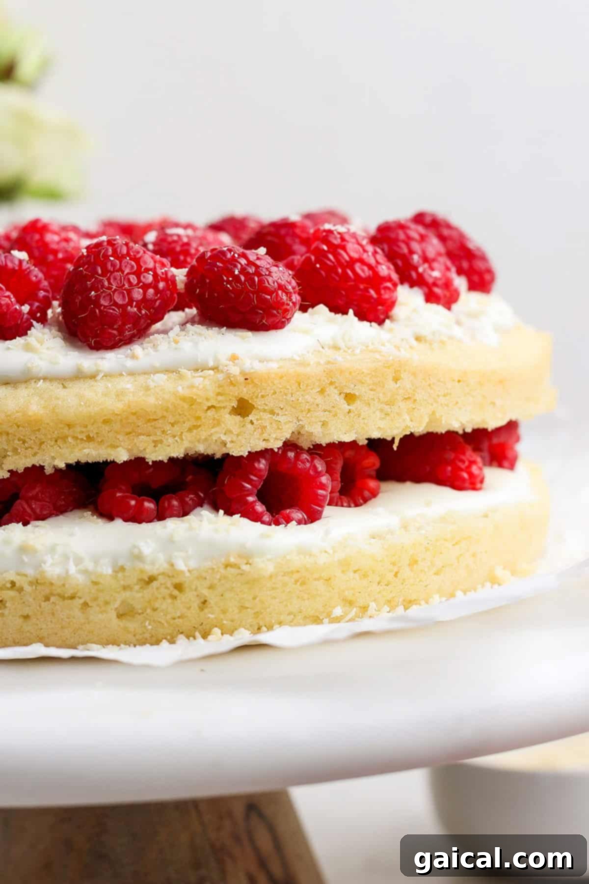 Layered Coconut Bliss with Fresh Raspberries 4 A beautifully layered coconut cake adorned with pristine white frosting and an abundance of fresh raspberries, proudly displayed on a simple cake stand, ready to be enjoyed.