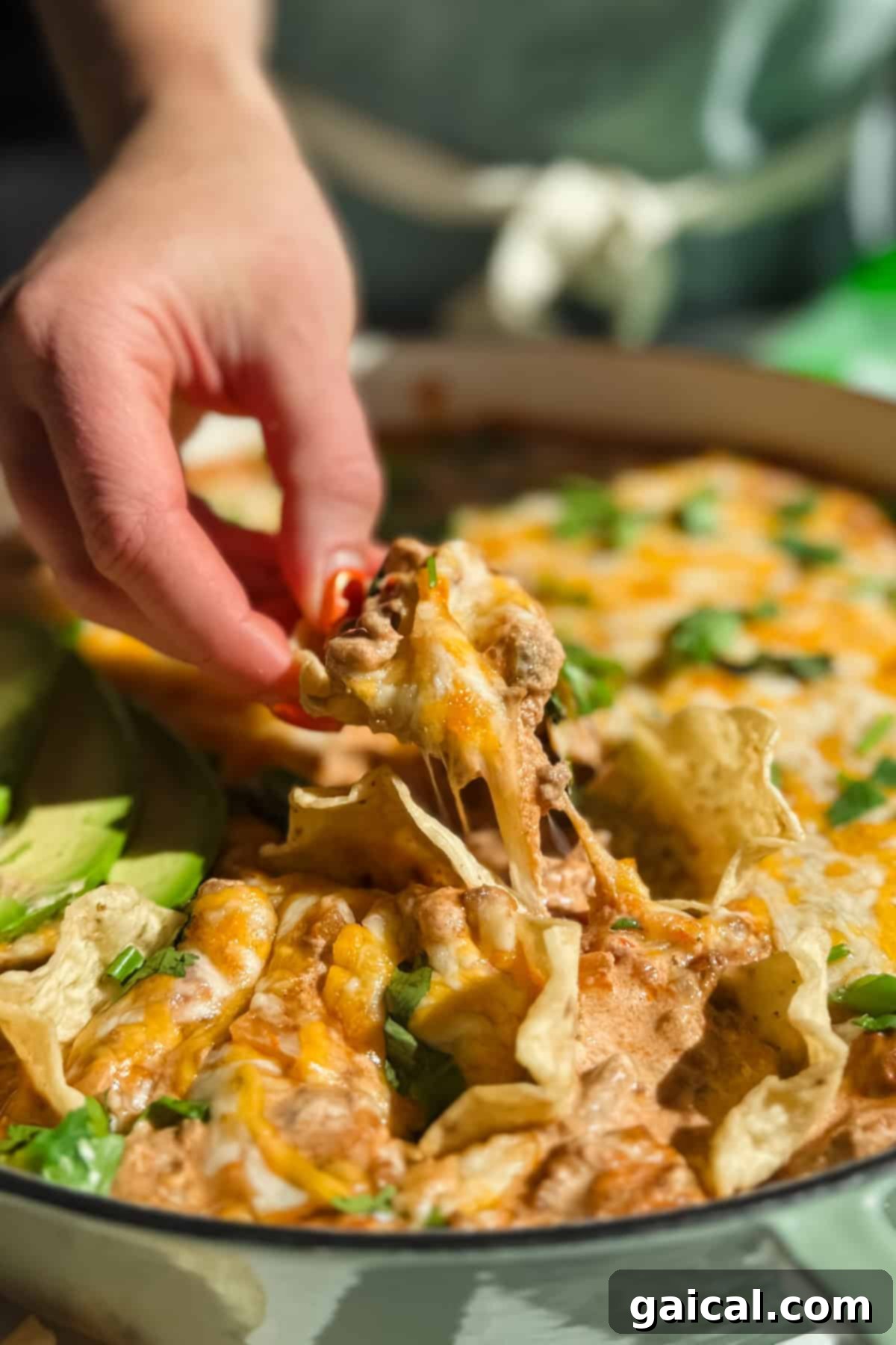 Beefy Cottage Queso 3 A hand reaching into a dish of cheesy ground beef cottage cheese queso topped with fresh cilantro and sliced avocado, surrounded by tortilla chips.