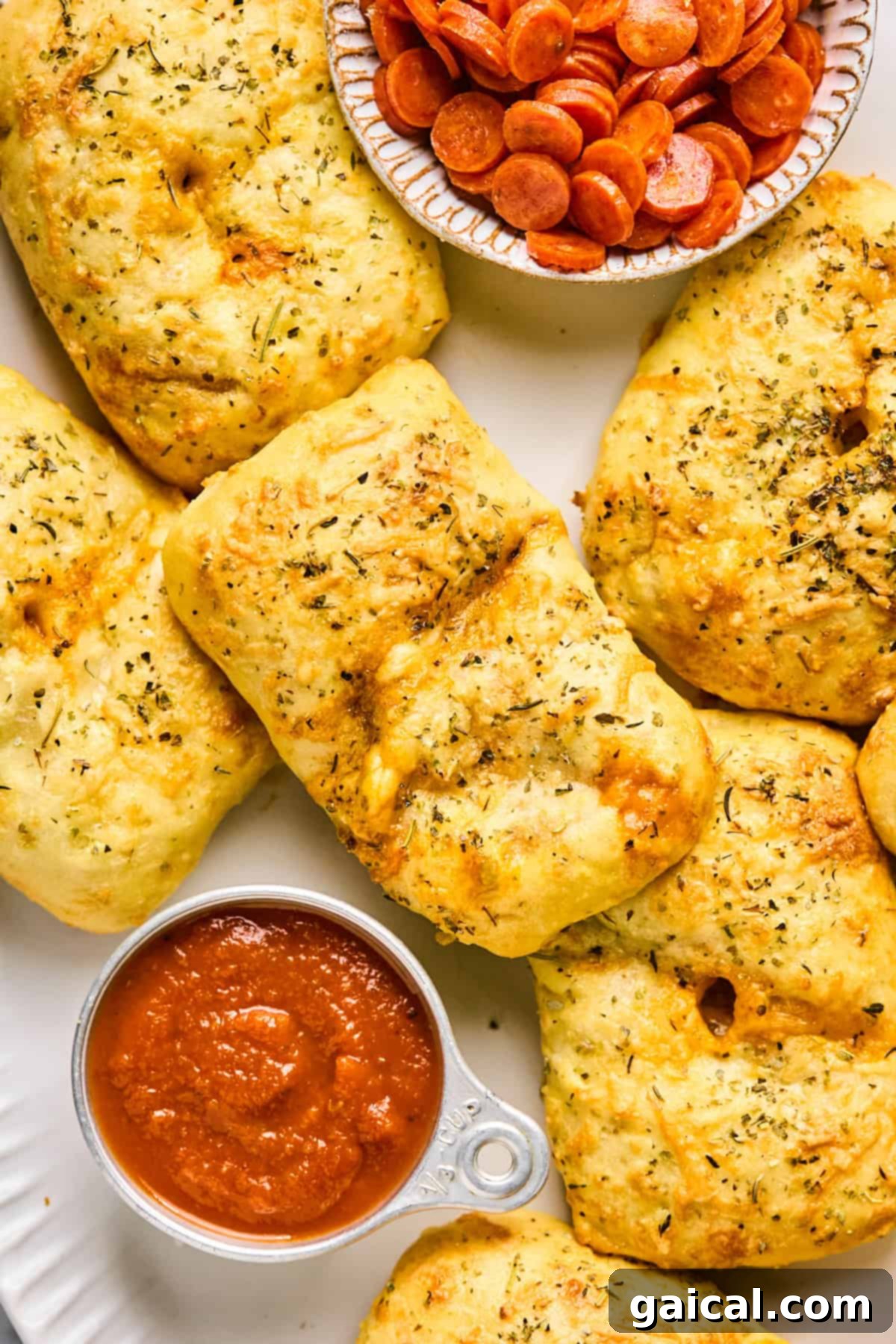 Golden, herb-seasoned bread parcels resembling mini pizza hot pockets sit beside a small dish of sliced pepperoni and a cup of marinara sauce.