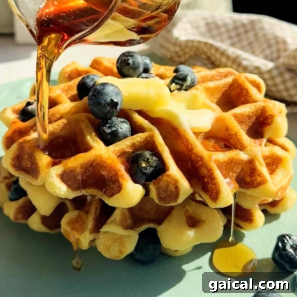 Two golden-brown cottage cheese waffles, one topped with a generous pat of melting butter and fresh blueberries, being drizzled with a stream of golden syrup on a light green ceramic plate.