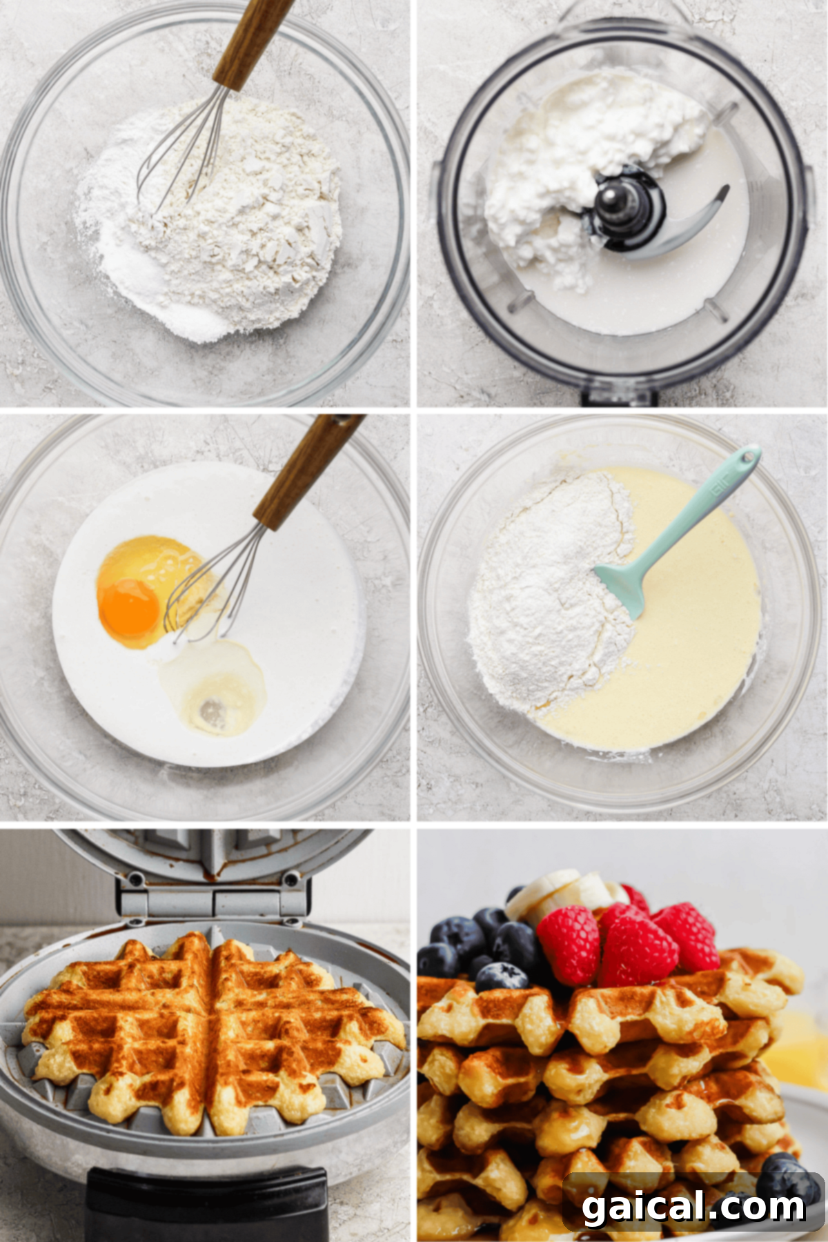 A visual guide demonstrating the step-by-step process of making cottage cheese waffles. Images include mixing dry ingredients, blending cottage cheese with wet ingredients, combining both mixtures, pouring batter into a waffle maker, and a final shot of stacked, perfectly cooked waffles garnished with fresh berries.